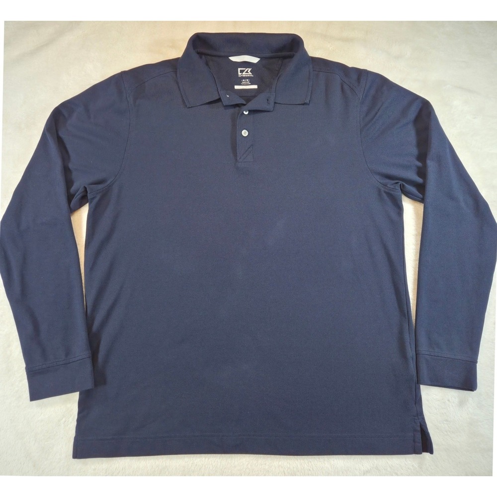 Cutter & Buck Mens Long Sleeve Polo Shirt Medium Navy Blue Cotton Blend Stretch